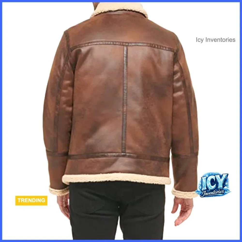 Faux Leather Bomber Jacket with Shearling Lining, Long Sleeve